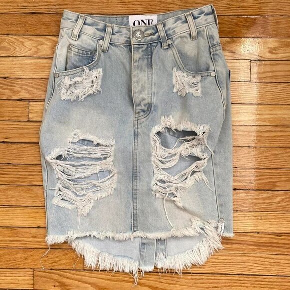 One Teaspoon 2020 High Waist Long Rise Super Fitted Mid Length Denim Skirt - Picture 2 of 7